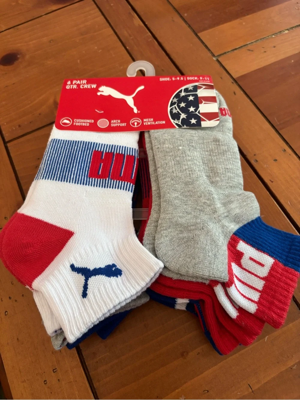 Puma Men's Athletic Ankle Socks in Blue, White & Red (6 Pack)